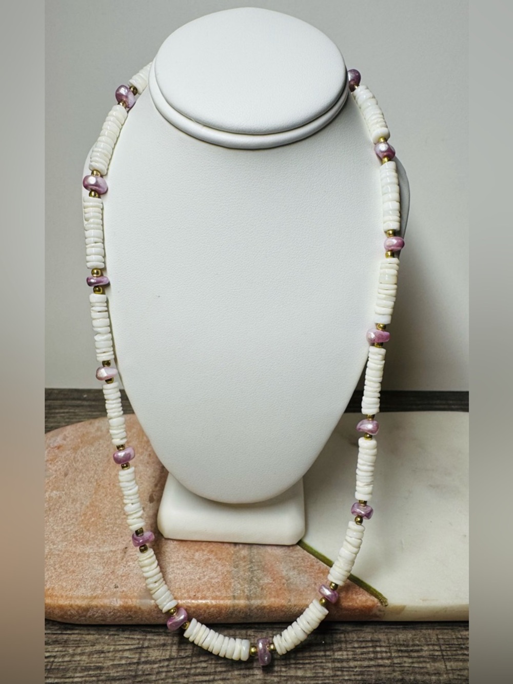 Vintage White Shell Disc & Pink Art Glass Bead Necklace Boho Coastal